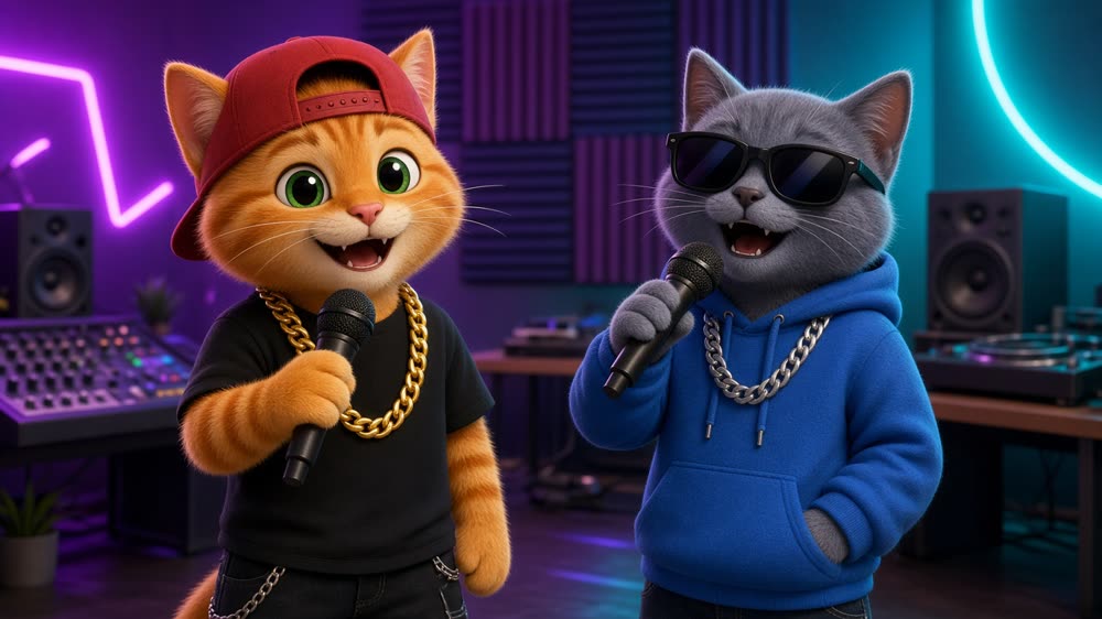 Example input photo: two cartoon cats in hoodies and caps holding microphones, facing the camera in good light