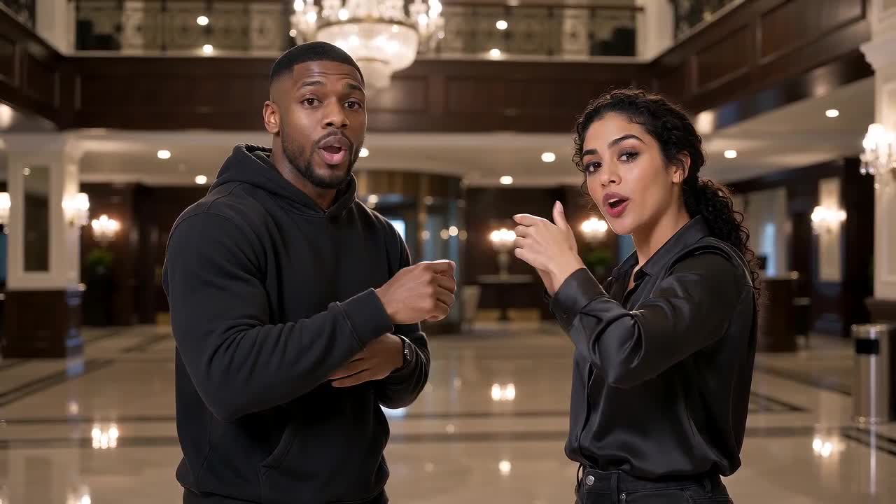 Two adults smile and point after a Hotel Lobby rap take