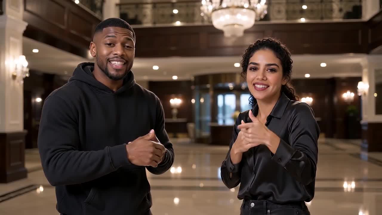 Two adults rap in a hotel lobby, mouths open on the beat