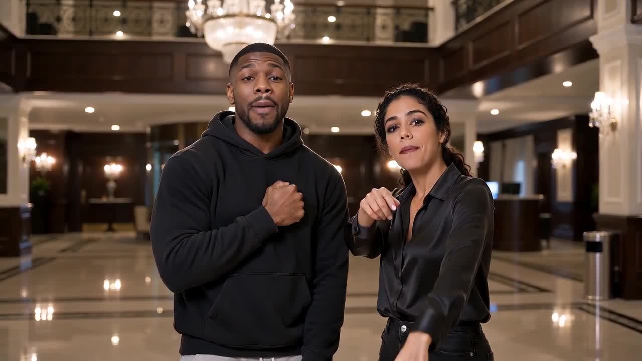 Two adults stand in a hotel lobby before the rap starts